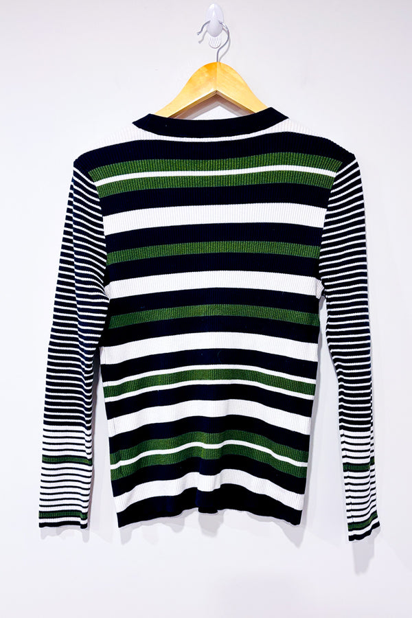 Chandail côtelé rayé marine et vert seconde main - Nine West- La Penderie du Paradis