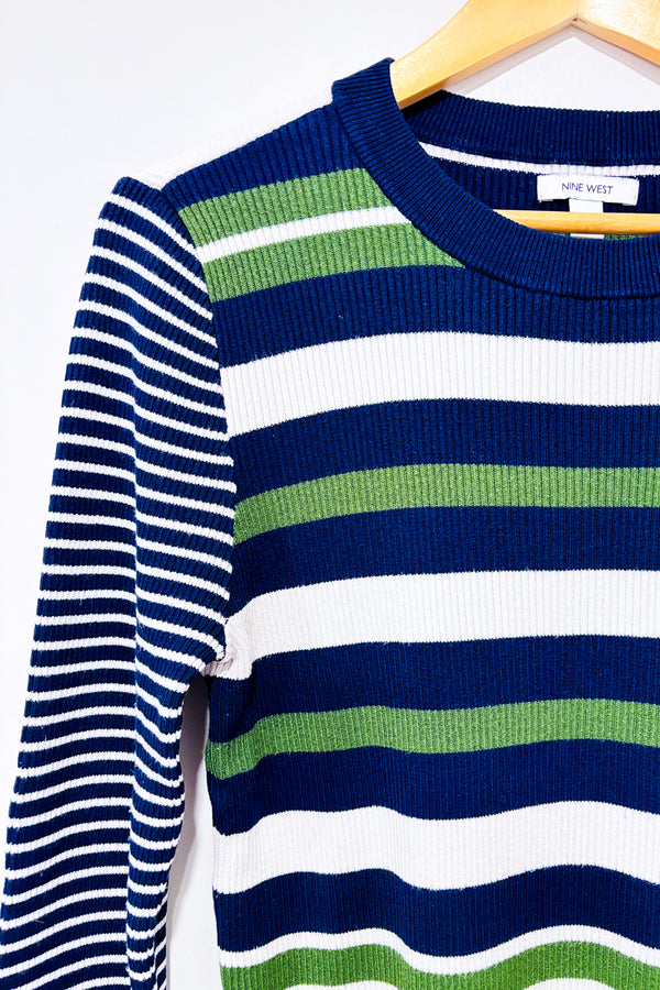 Chandail côtelé rayé marine et vert seconde main - Nine West- La Penderie du Paradis