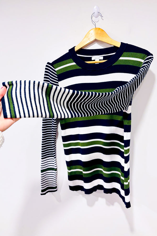 Chandail côtelé rayé marine et vert seconde main - Nine West- La Penderie du Paradis