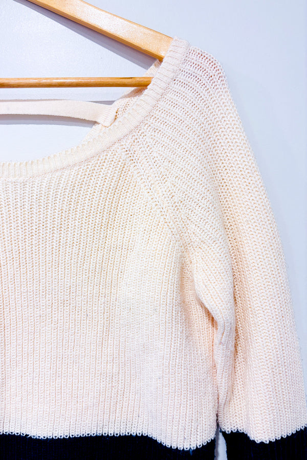 Chandail en tricot beige et bleu seconde main - Vero Moda- La Penderie du Paradis