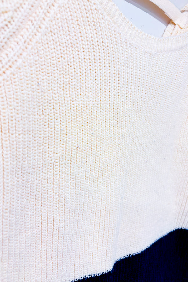 Chandail en tricot beige et bleu seconde main - Vero Moda- La Penderie du Paradis