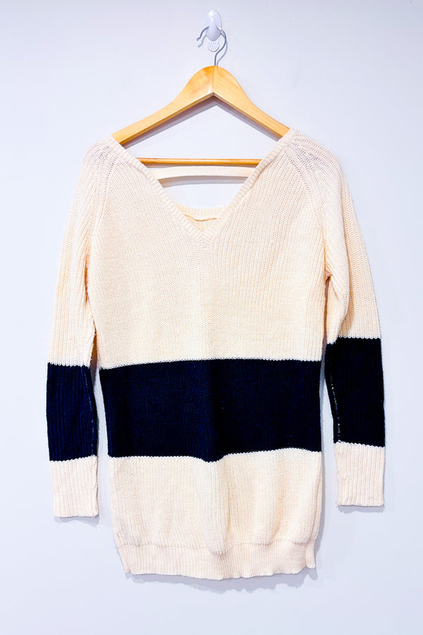 Chandail en tricot beige et bleu seconde main - Vero Moda- La Penderie du Paradis