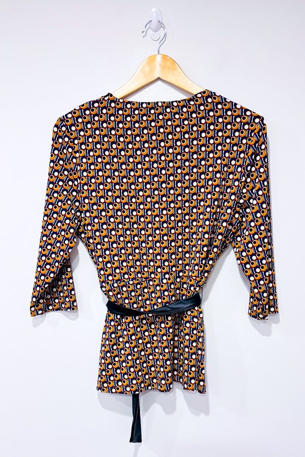 Haut cache-cœur motifs rétro 70’s brun et marine * seconde main - San Francisco- La Penderie du Paradis