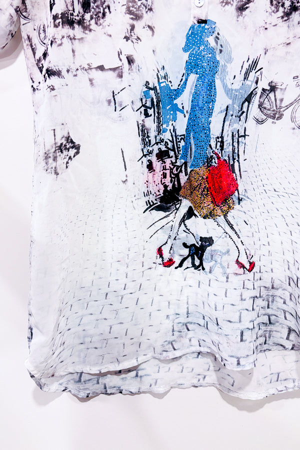 Blouse fluide transparente blanche motif artistique avec paillettes seconde main - Tricotto- La Penderie du Paradis