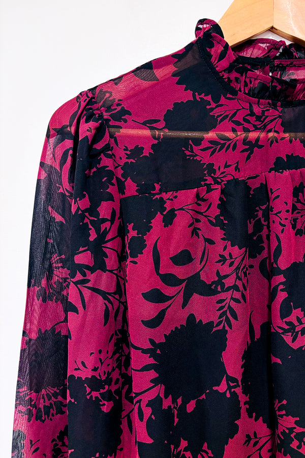 Blouse bourgogne et noire fleurie à manches fluides* seconde main - Mexx- La Penderie du Paradis
