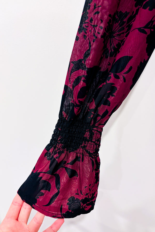 Blouse bourgogne et noire fleurie à manches fluides* seconde main - Mexx- La Penderie du Paradis