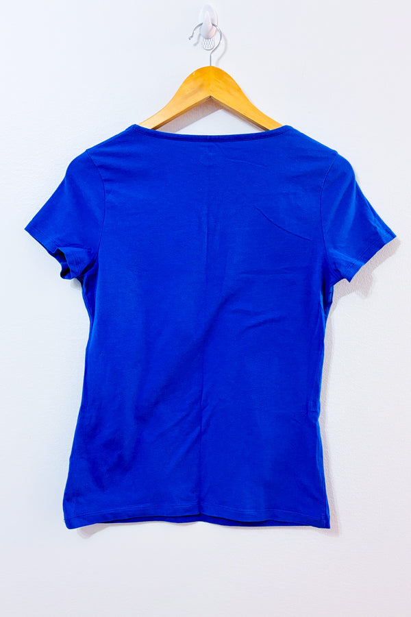 T-shirt indigo à imprimé floral seconde main - Jones New York- La Penderie du Paradis
