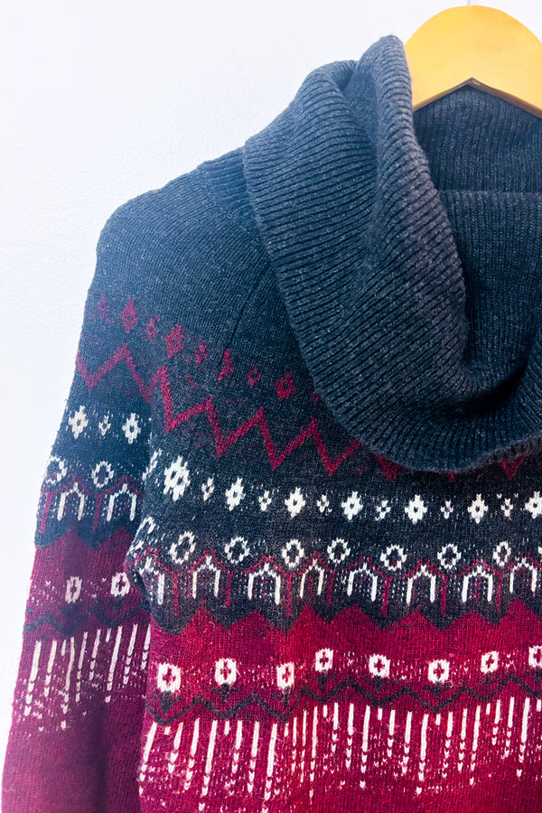 Chandail en tricot bourgogne à col roulé et motifs nordiques seconde main - RW&CO.- La Penderie du Paradis