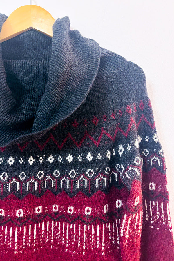 Chandail en tricot bourgogne à col roulé et motifs nordiques seconde main - RW&CO.- La Penderie du Paradis
