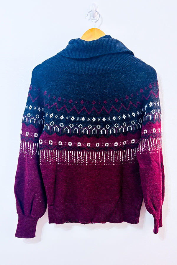 Chandail en tricot bourgogne à col roulé et motifs nordiques seconde main - RW&CO.- La Penderie du Paradis