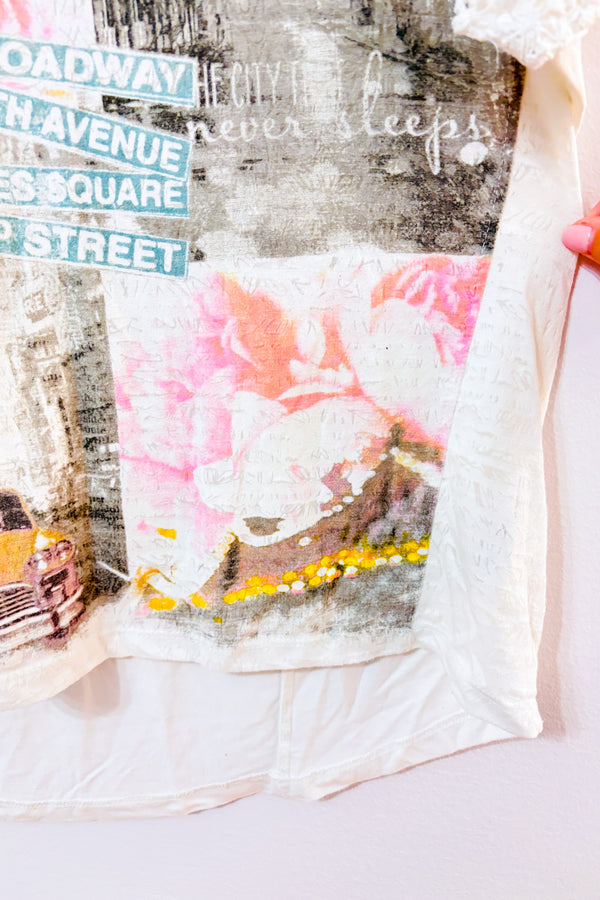 T-shirt blanc imprimé New York à dentelle seconde main - DH3- La Penderie du Paradis