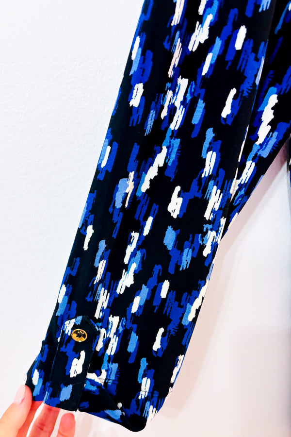 Blouse fluide noire et bleue à imprimé abstrait* seconde main - Jones New York- La Penderie du Paradis