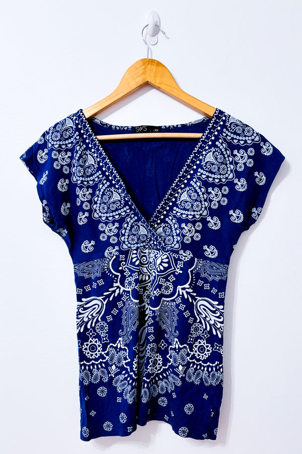 Haut cache-cœur bleu à motif paisley seconde main - SWS Streetwear Society- La Penderie du Paradis