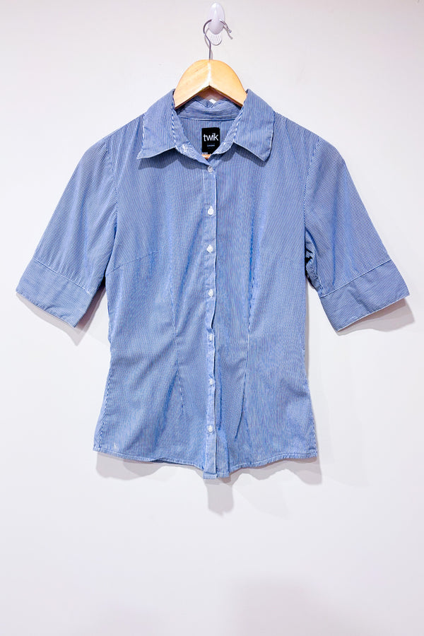 Chemise ajustée bleue et blanche rayée (m)-Simons-La Penderie du Paradis 🕊
