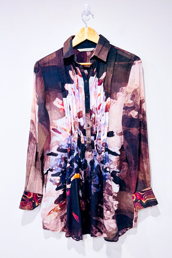 Chemise kaki et rose pâle à motifs en soie* seconde main - Max Volmary- La Penderie du Paradis