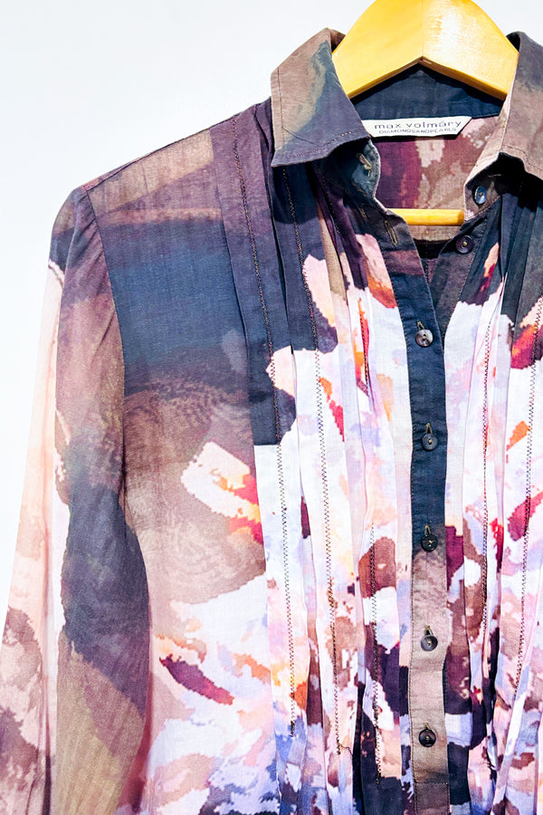 Chemise kaki et rose pâle à motifs en soie* seconde main - Max Volmary- La Penderie du Paradis