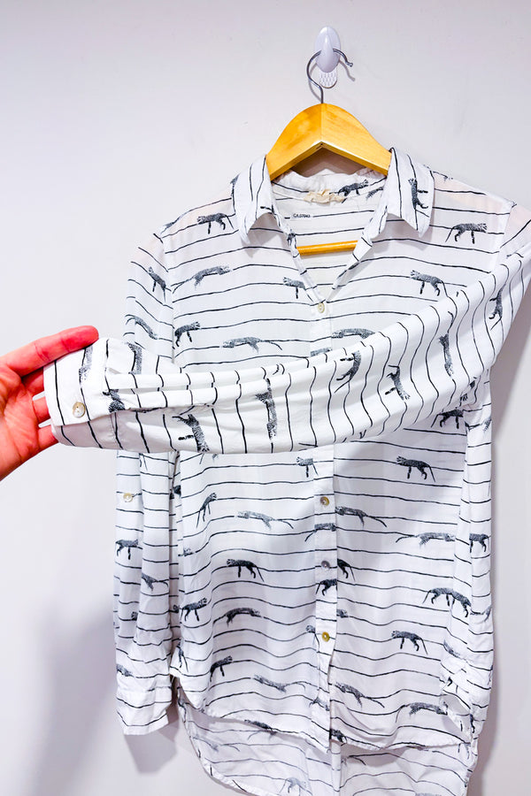 Blouse blanche rayée avec tigres seconde main - Jane & Delancey- La Penderie du Paradis