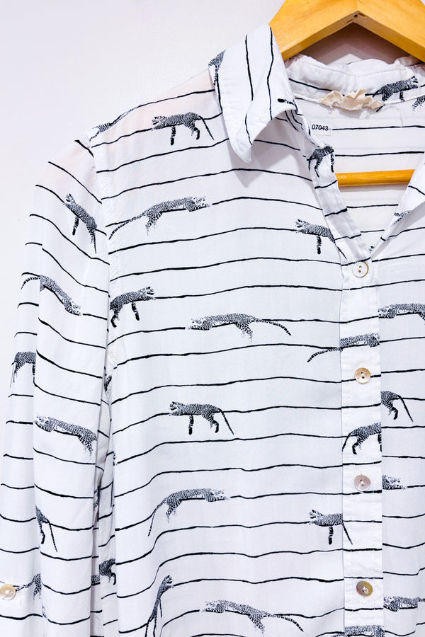 Blouse blanche rayée avec tigres seconde main - Jane & Delancey- La Penderie du Paradis