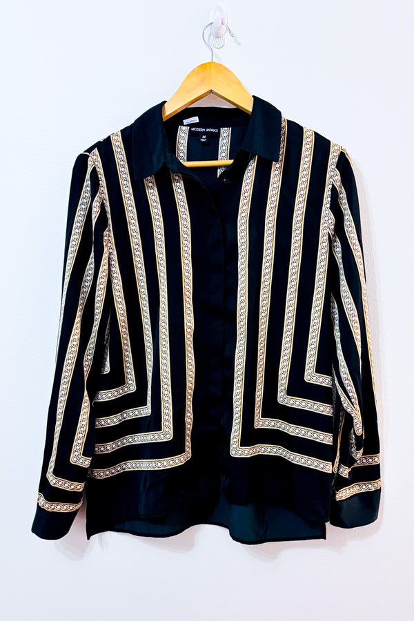 Chemise satinée noire à imprimé chaîne seconde main - Modern Works- La Penderie du Paradis