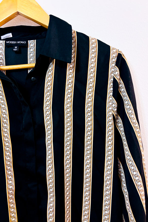 Chemise satinée noire à imprimé chaîne seconde main - Modern Works- La Penderie du Paradis
