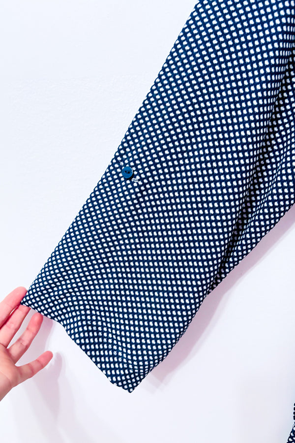 Blouse bleue et blanche à motifs seconde main - Grenier- La Penderie du Paradis