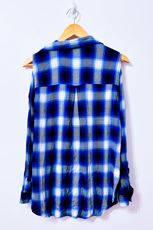 Chemise bleue à carreaux à épaules dénudées seconde main - Nygård- La Penderie du Paradis