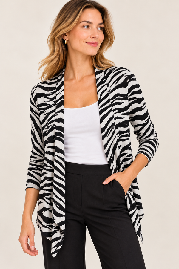 Cardigan ouvert noir et beige à motif zébré seconde main - I.N.C. International Concepts- La Penderie du Paradis