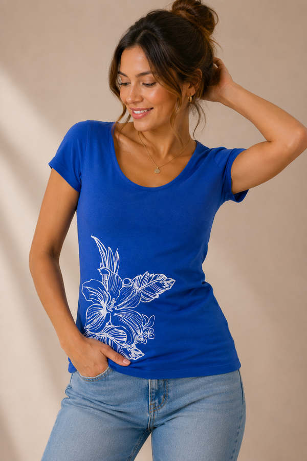 T-shirt indigo à imprimé floral seconde main - Jones New York- La Penderie du Paradis