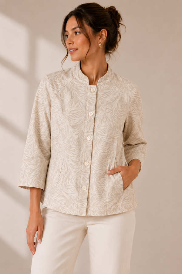 Veste à boutons beige motif feuilles seconde main - Chico's- La Penderie du Paradis