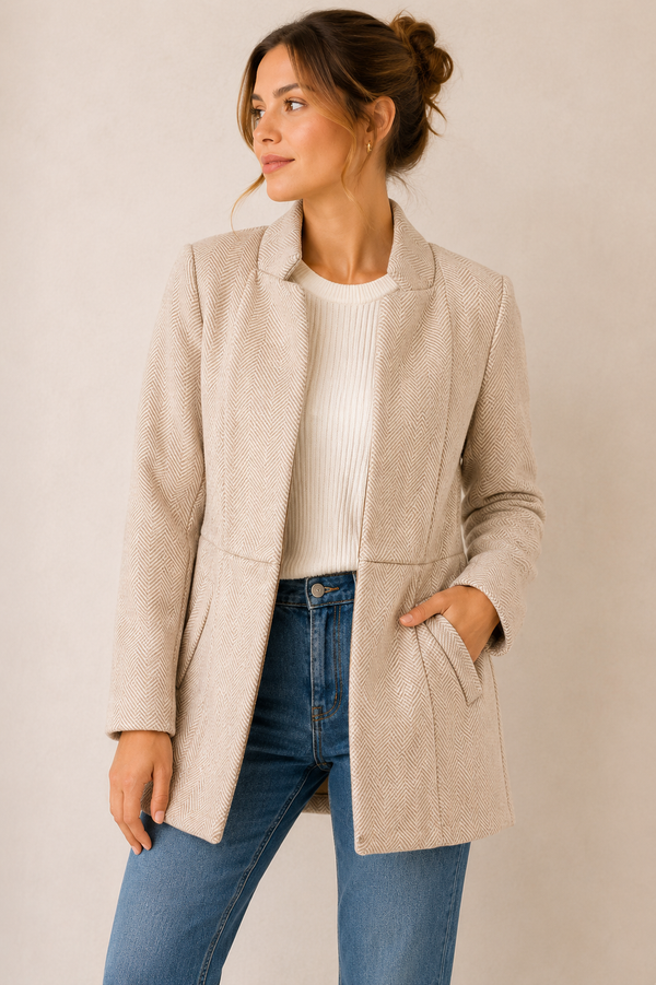 Veste ouverte beige épaisse à motifs chevrons seconde main - SHEIN- La Penderie du Paradis