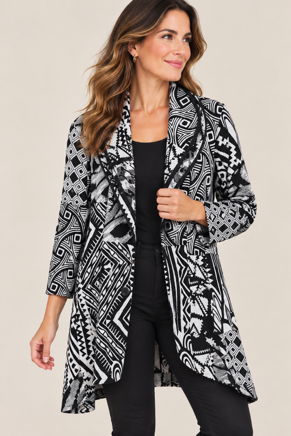 Veste longue noir et blanche à motifs graphiques* seconde main - Frank Lyman Montréal- La Penderie du Paradis