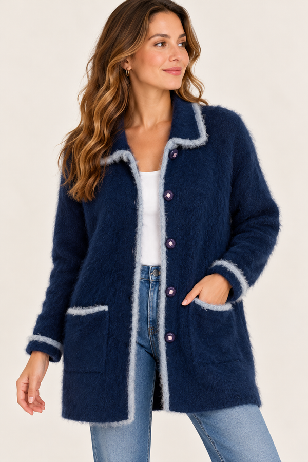 Cardigan long marine en laine angora à boutons* seconde main - Lady Monica- La Penderie du Paradis