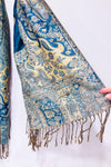 Foulard paisley bleu et beige scintillant à franges seconde main - Autres- La Penderie du Paradis