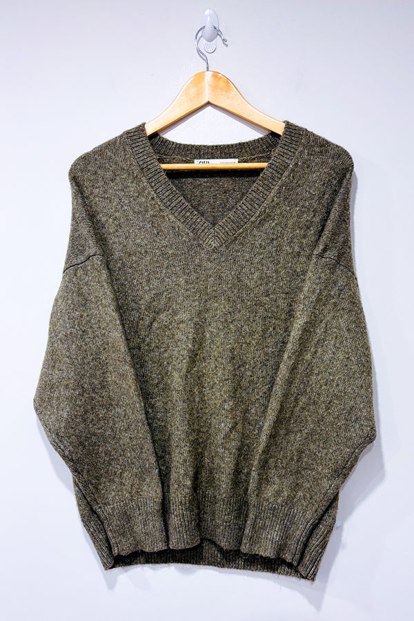 Chandail taupe en tricot taupe col en V - Homme seconde main - Zara- La Penderie du Paradis