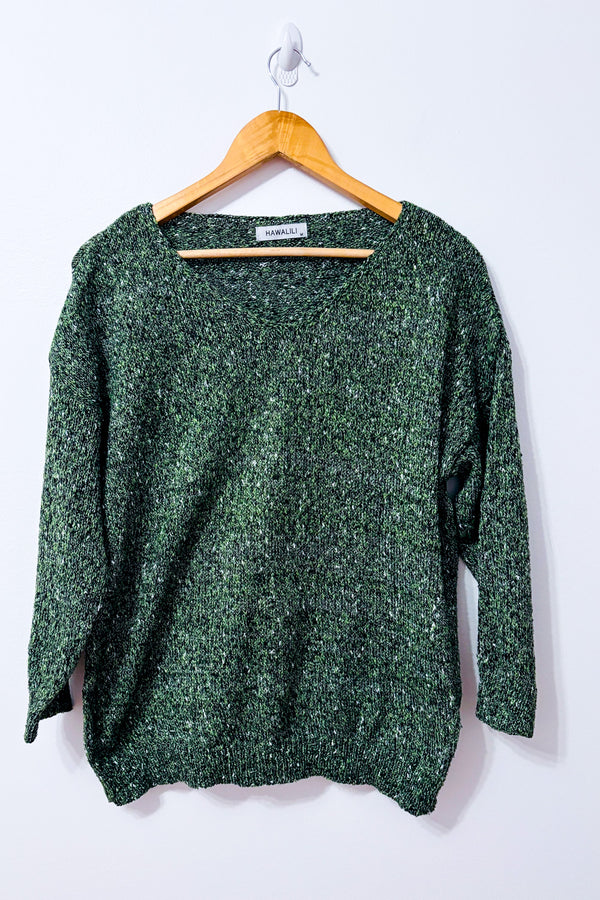 Chandail vert chiné en tricot - Homme seconde main - Hawalili- La Penderie du Paradis
