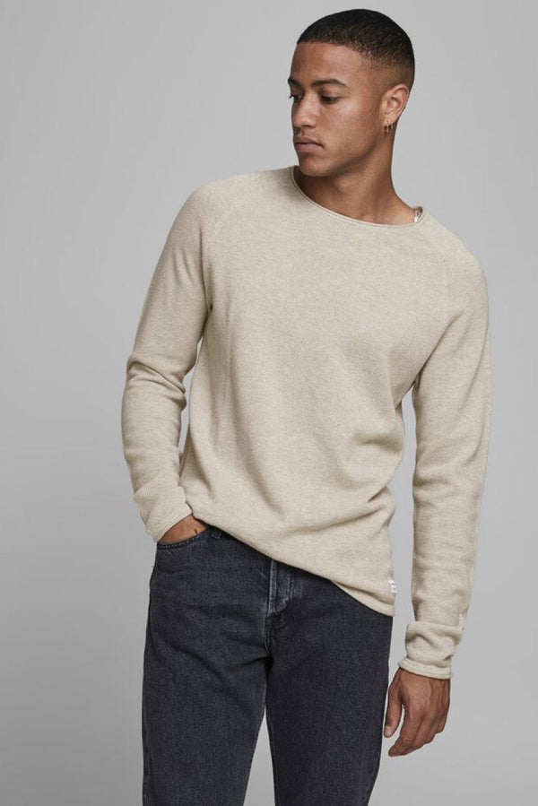 Chandail beige en tricot texturé à col rond seconde main - Jack & Jones- La Penderie du Paradis