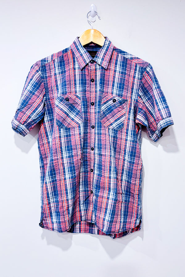 Chemise rouge et bleue texturée à carreaux - Homme seconde main - Orvieto- La Penderie du Paradis