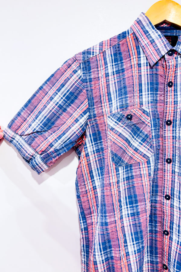 Chemise rouge et bleue texturée à carreaux - Homme seconde main - Orvieto- La Penderie du Paradis