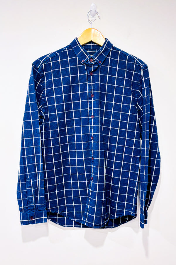 Chemise bleue et blanche à carreaux en coton et lin - Homme seconde main - Frank & Oak- La Penderie du Paradis