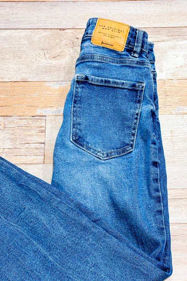Jeans mom slim taille haute bleu délavé seconde main - Stradivarius- La Penderie du Paradis