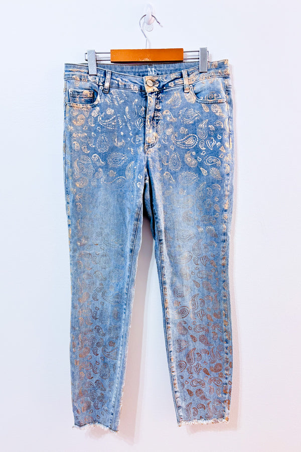 Jeans bleu pâle à motif paisley doré* seconde main - Melanie Lyne- La Penderie du Paradis