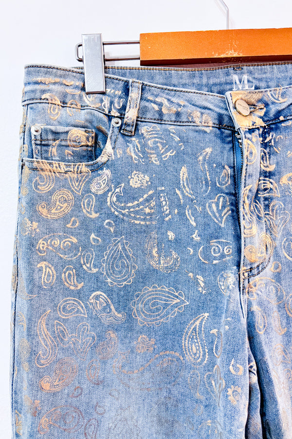 Jeans bleu pâle à motif paisley doré* seconde main - Melanie Lyne- La Penderie du Paradis