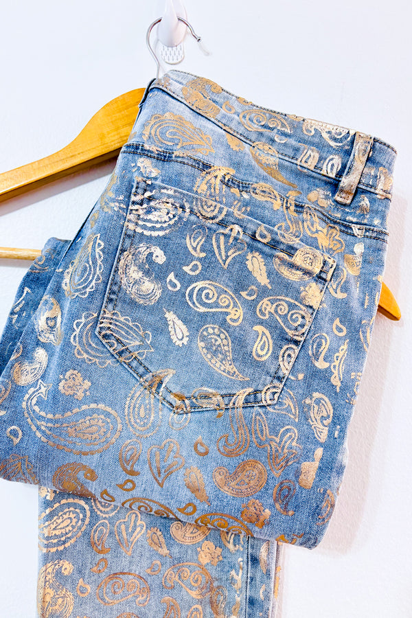 Jeans bleu pâle à motif paisley doré* seconde main - Melanie Lyne- La Penderie du Paradis