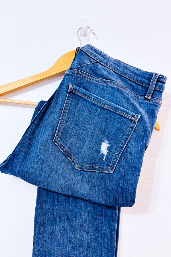 Jean taille haute bleu délavé effet usé seconde main - Reitmans- La Penderie du Paradis