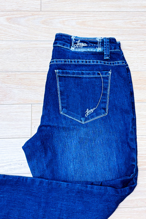 Jeans bleu foncé délavé coupe droite seconde main - Carreli- La Penderie du Paradis