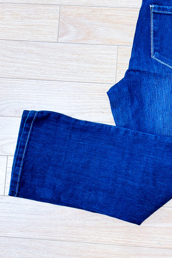 Jeans bleu foncé délavé coupe droite seconde main - Carreli- La Penderie du Paradis