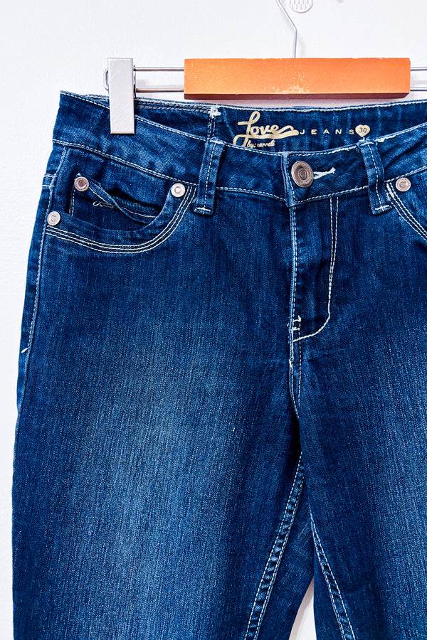 Jeans bleu foncé délavé coupe droite seconde main - Carreli- La Penderie du Paradis