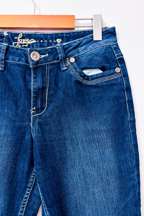 Jeans bleu foncé délavé coupe droite seconde main - Carreli- La Penderie du Paradis