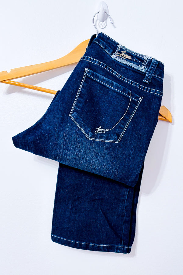 Jeans bleu foncé délavé coupe droite seconde main - Carreli- La Penderie du Paradis