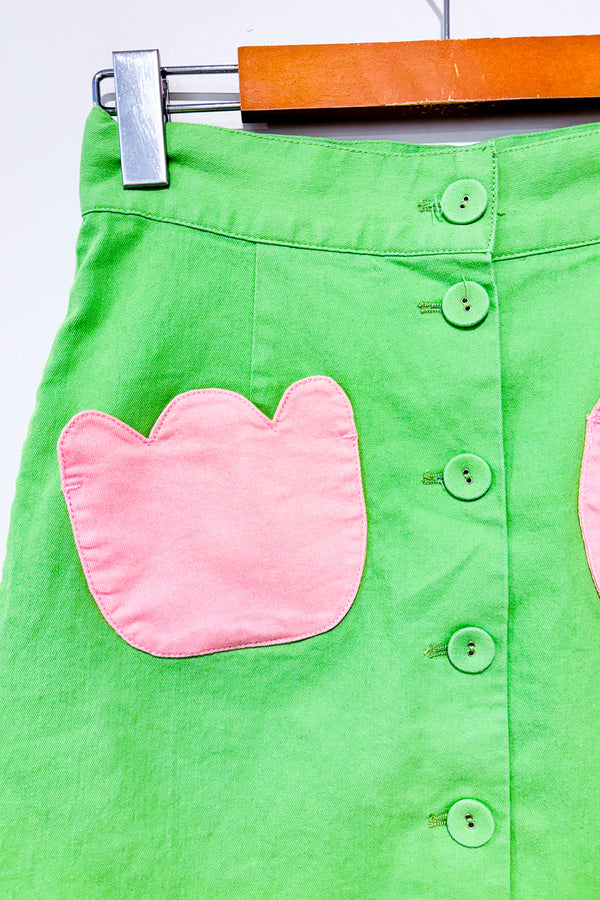 Jupe verte et rose en denim seconde main - Smak Parlour- La Penderie du Paradis